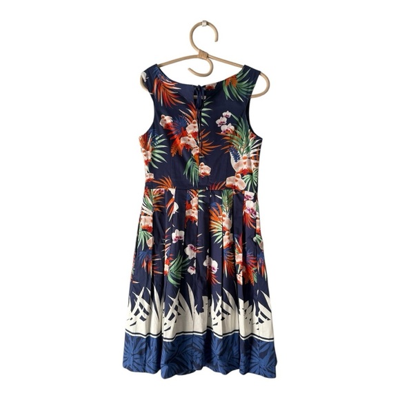 Talbots Botanical High Neckline Pleat Fit & Flare Tropical Knee Length Dress - Picture 3 of 15